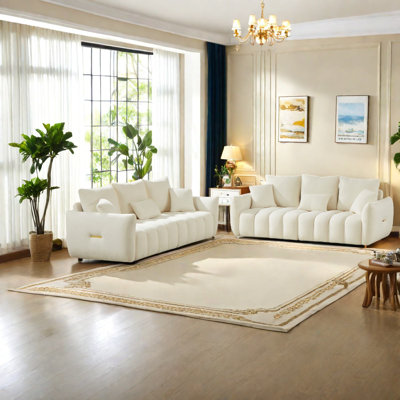 Modern Sofas With Removable Cushions, Beige Teddy Fabric, Ideal For Family Living