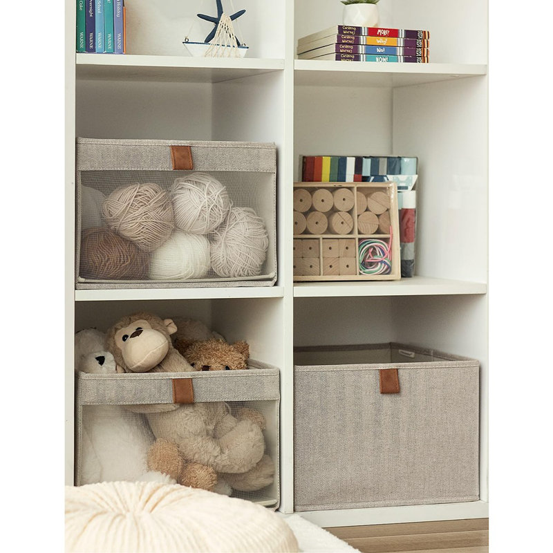 Grands paniers de rangement pliables en tissu avec poignées - Paquet de 3 paniers de rangement pour garde-robe brun et beige avec fenêtre transparente pour vêtements et tablettes