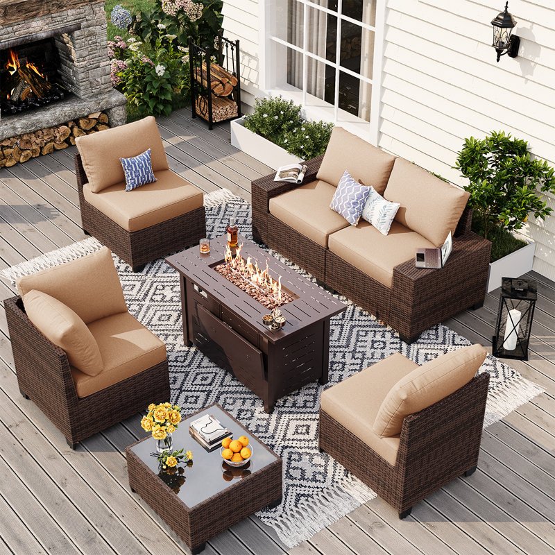 7-pieces Patio Conversation Set With Wide Armrests And Fire Pit Table,outdoor Rattan Seating Group, Beige/Brown