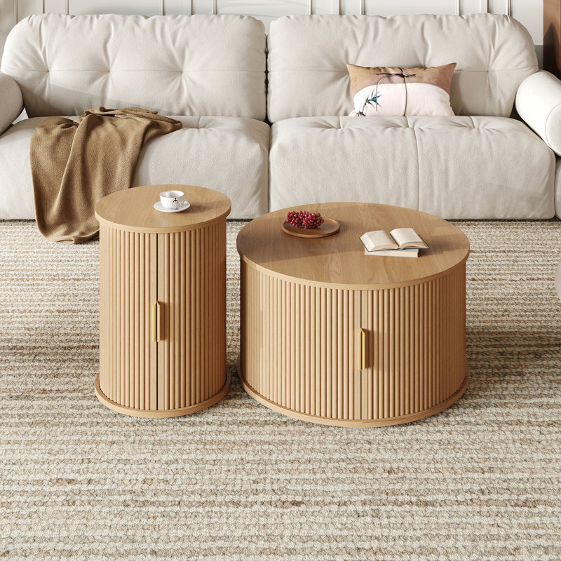 Mid-Century Coffee Table Set With Sliding Tambour Door, Round Fluted End Table With Storage, Golden Handle Tall & Low Side Table For Living Room, Set Of Two
