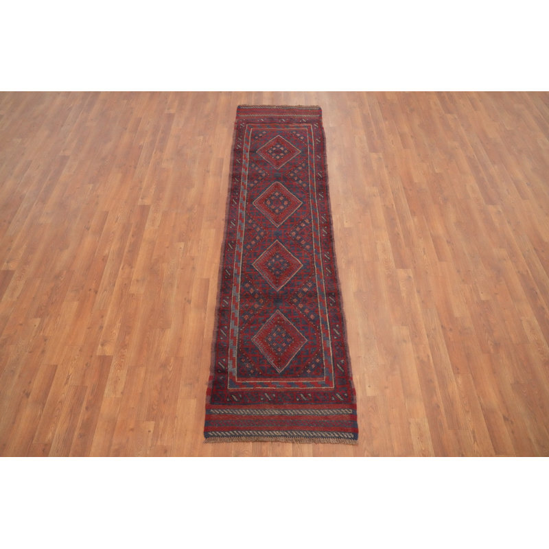 Tapis de couloir afghan traditionnel géométrique rouge et bleu 2x8