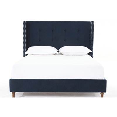 Upholstered Queen Bed, 54" High Headboard, Traditional Tufting & Nailhead Trim, Blue Velvet, No Box Spring, Easy Assembly Directions Bed Charming Tufting, Trimmed Wingback, Spring Not Required,
