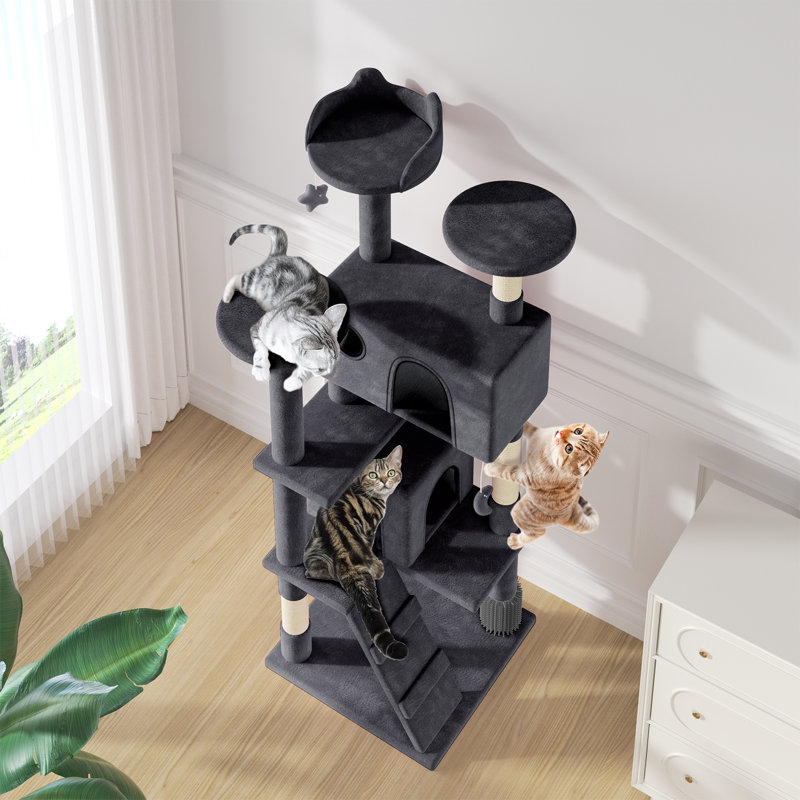 Lizzie Cat Tree Multi Level Play Tower Condo Cat Sisal Scratching Posts with Perches, Ramp and Brush, 70" H x 30" W x 32" D