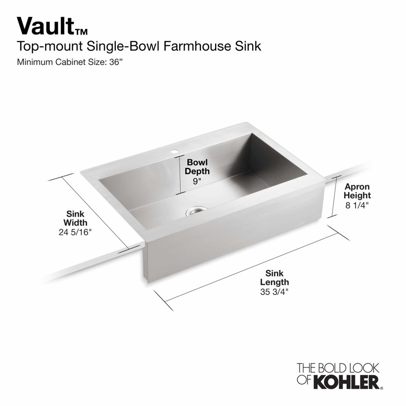 Vault™ 35-3/4" x 24-5/16" x 9-5/16" Top-Mount Single-Bowl Stainless Steel Kitchen Sink, 1 Hole