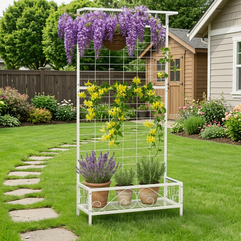 Grand support à plante en métal blanc avec treillis et barre de suspension, support à plante d'intérieur pour plantes grimpantes et fleurs