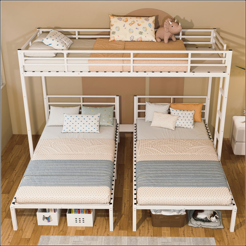 Lit superposé triple polyvalent en métal, séparé en 3 lits simples, structure à bruit réduit pour la sécurité et le confort des enfants