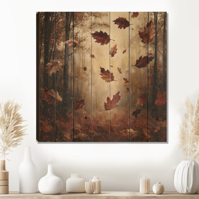 Brown Falling Oak Leaves - Leaves  Wood Wall Decor - On Natural Pine Wood