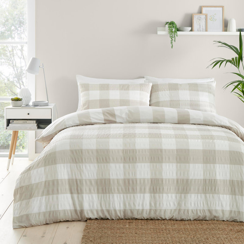 Seersucker Gingham Polyester Chequered Duvet Cover Set with Pillowcases, Single - 1 Standard Pillowcase, Silver