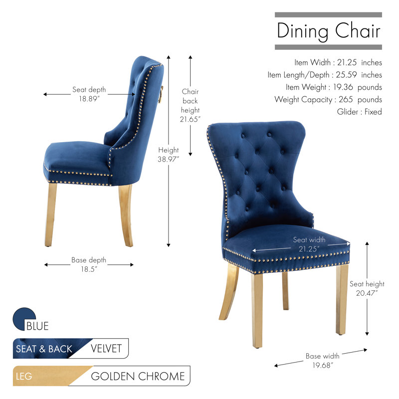Gislene Tufted Velvet Dining Chair with Rubberwood Legs, Blue Velvet, Gold