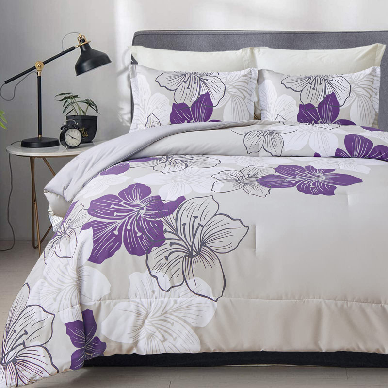 Ensemble d'édredon 3 pièces Floral Bedding, Édredon pour grand lit + 2 taies décoratives pou, Mauve