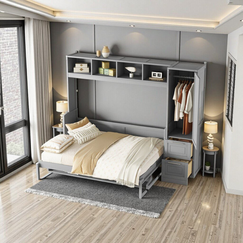 Grand lit escamotable blanc avec placard et tiroirs - Solution de rangement peu encombrante, Gris