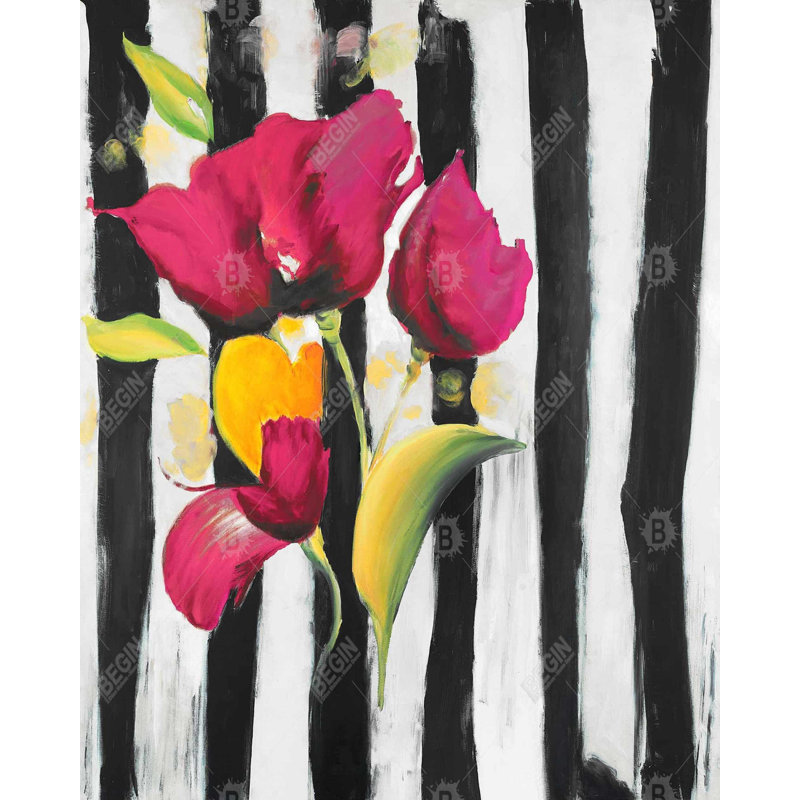 Pink Flowers On Black Stripes Print On Canvas
