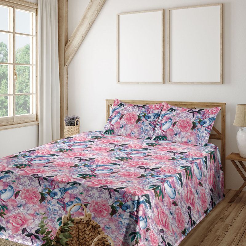 Ambesonne Watercolor Botany Sheet Set 4 Pcs Retro Boho Bloom, Full Sheet Set with 2 Pillowcases, Hot Pink/Pale Blue Floral
