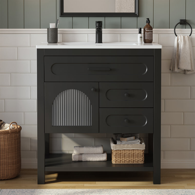 30" Freestanding Single Solid Wood Frame Bathroom Vanity with Composite Solid Surface Top