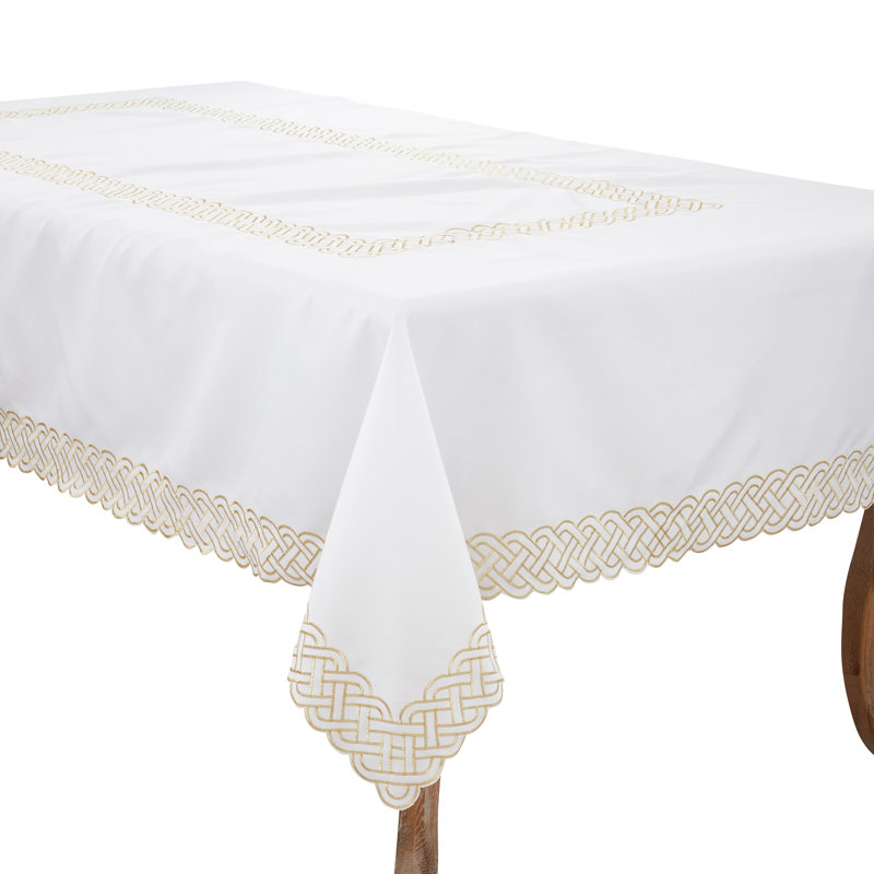 Gold Braid Embroidered White Polyester Tablecloth