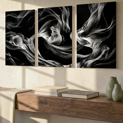 3 Pieces Exculisive Black White Smoke Abstract Large Wall Art Flowing Monochrome Panorama Canvas, Canvas Decor for Living Room, Bedroom and Office