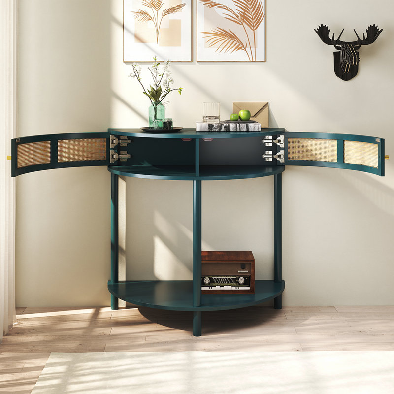 Unique Half Moon Console Table with Rattan Storage for Various Rooms, Enhancing Interior Style, Green