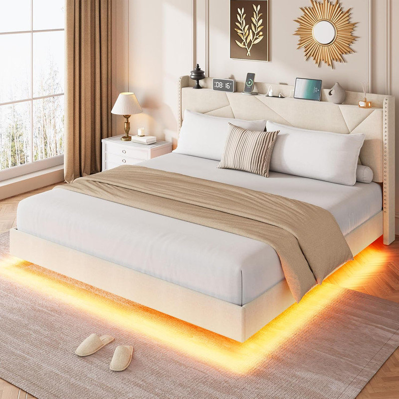 Très grand cadre de lit flottant très grand avec tête de lit à DEL, charge et lumières RVB, Beige