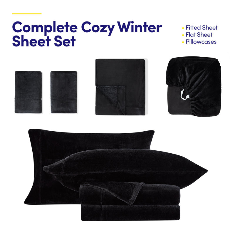 Ultra Soft Microplush Solid Fleece Sheet Set - Full, Black, Black, Full Sheet Set with 2 Pillowcases