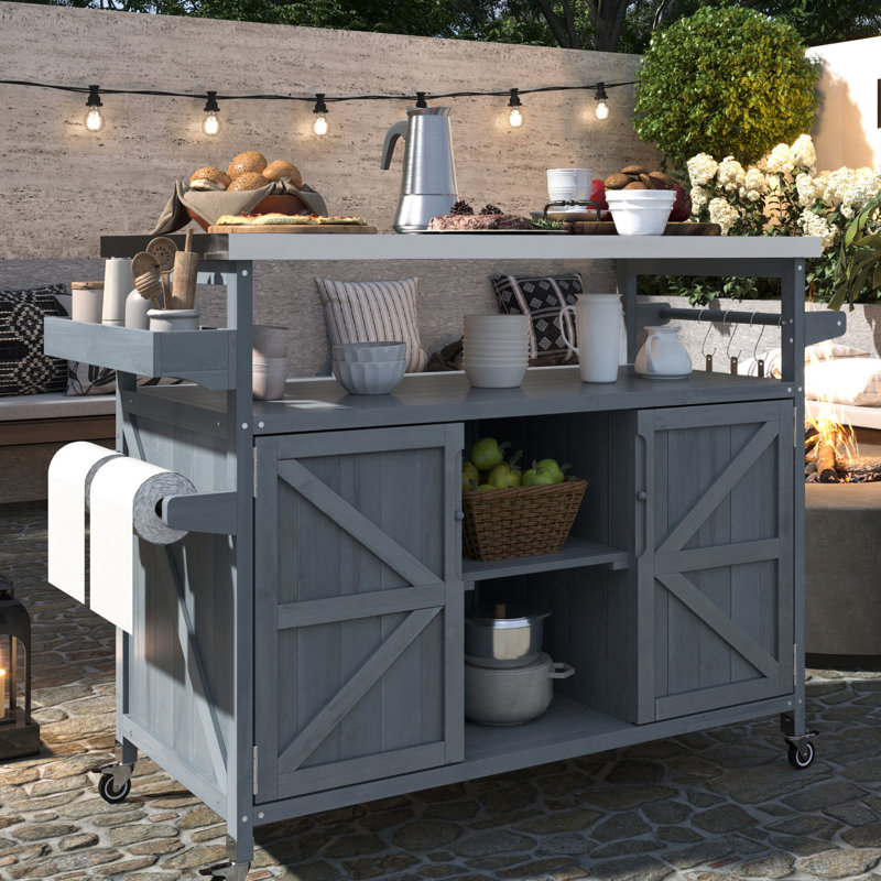 Luxury Outdoor Grill Table With Removable Handles & Internal Storage Classic Kitchen Cart: Stainless Steel Wood. Modular Design. 4 Lockable . Grey Blue. Towel Bottle Opener