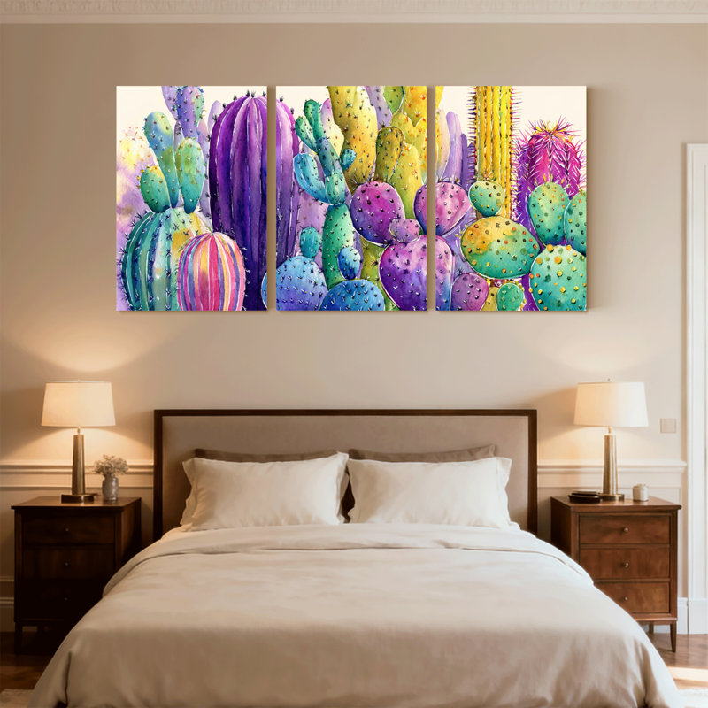 Plantes et fleurs, cactus coloré, ensemble de 3 impressions sur toile, H 18 po x l 36 po