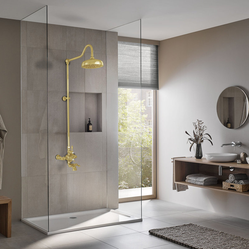 Système de douche thermostatique exposé au mur 36 po avec bec 1,75 GPM et poignées levier / croix, Laiton poli non laqué