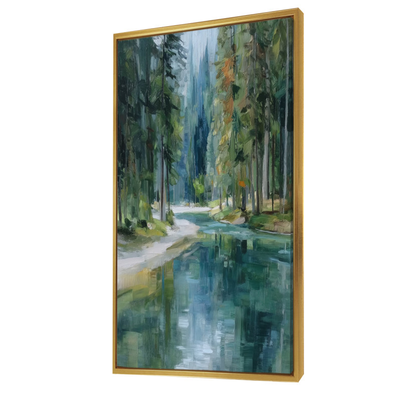 «Pine Trees Fraser River Calming Current», art sur toile, paysage vert, H 60 po x l 28 po, Cadre flottant, Doré