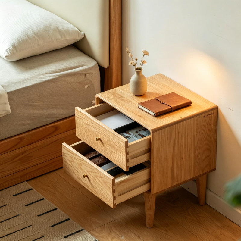 Table de chevet en chêne massif avec 2 tiroirs, table de bout moderne Mid-Century, petite table de chevet en bois clair pour la chambre à coucher, table d'appoint en bois durable pour petits espaces, finition chêne naturel, hauteur 19,69 pouces