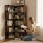 Bibliothèque de coin en L de 66 po de hauteur à 66 niveaux en noyer, idéale pour le salon, la chambre à coucher, le bureau personnel - étagère de présentation autoportante avec unités ouvertes, plusieurs conceptions, bibliothèque en noyer facile à assembler,
