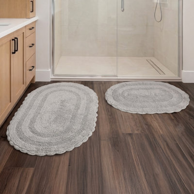 Tapis de bain Lavish Home 2 pièces - Ensemble de tapis de bain ovales réversibles 100 % coton avec bords festonnés au crochet (gris)