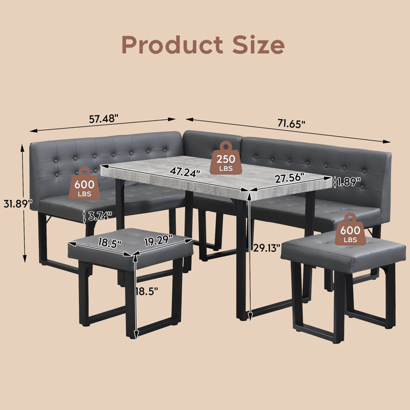 Simple and Stylish 5 - Person Breakfast Nook Dining Table Set, Gray