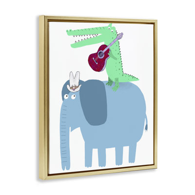 Éléphant et alligator avec guitare acoustique encadrée, art mural par Carla Daly