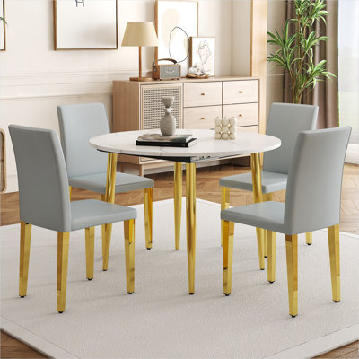 Table de salle à manger extensible ronde en bois aggloméré avec chaises en polyuréthane gris, blanc et doré, 4 places