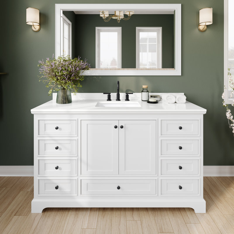 Ensemble de meuble-lavabo autoportant simple Deborah avec plateau en quartz et miroir, Noir mat, Quartz blanc, Blanc