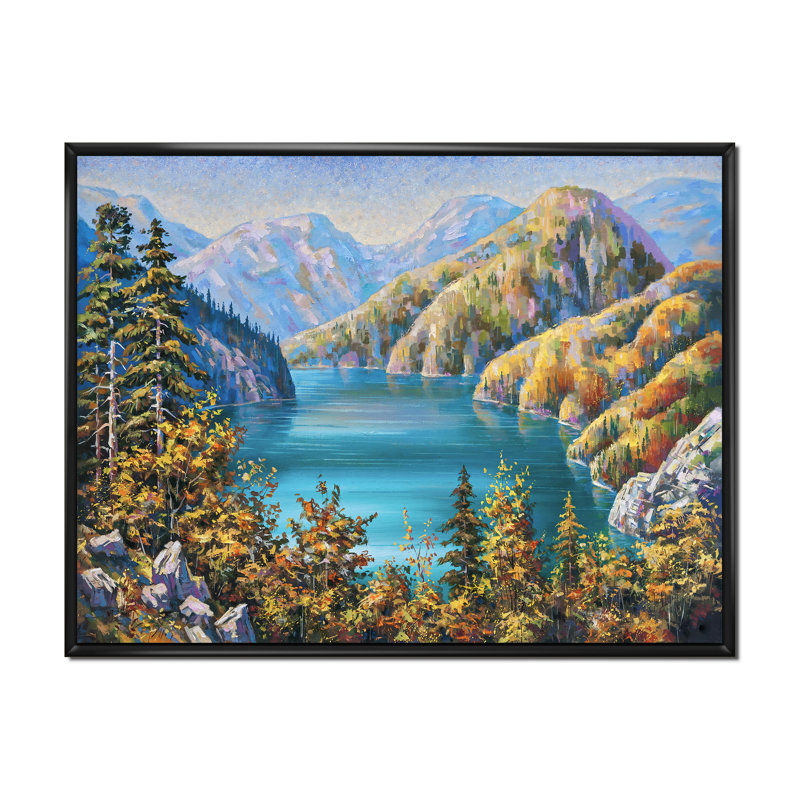 Pittoresque lac Ritsa en fin d'automne - Peinture sur toile, H 16 po x l 32 po, Toile à cadre flottant noir