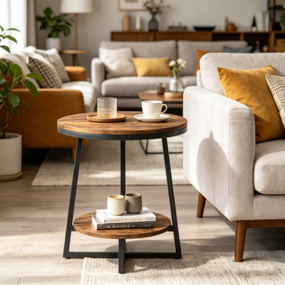 End Table Metal, Wood, PE 1 Set Black Rust-Resistant Waterproof Lightweight