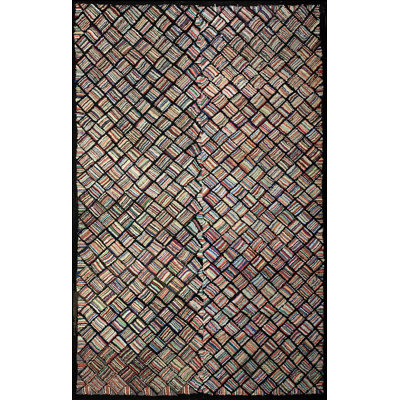 Antique American Folk Art Basket Weave Design Hooked Rug