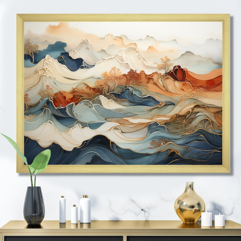 Large Gold Framed Abstract Orange and Blue Canvas Art