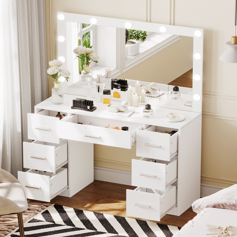 Makada Vanity Table with Large Lighted Mirror, Makeup Vanity Desk with 7 Drawers, White
