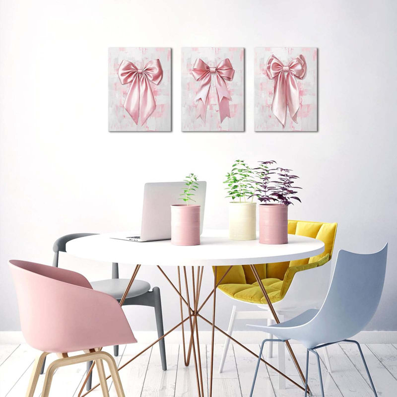 Bow Pictures Girls Bathroom Bedroom Wall Decor, Bow Wall Art Framed 12X16inchx3 Pieces, Pink