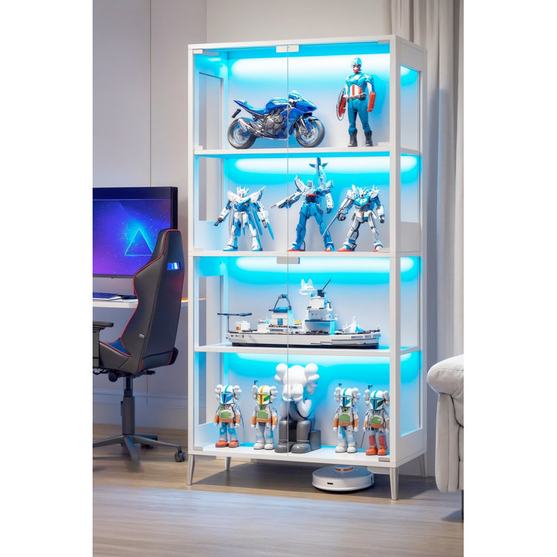 Vitrine moderne en verre avec verre trempé épais, tablettes réglables et lumières à DEL rgb, armoire de rangement haute avec télécommande sans fil