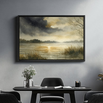 Framed Canvas Wall Art - Watercolor Dusk Lake Landscape Wall Prints for Bedroom - 16"x24"