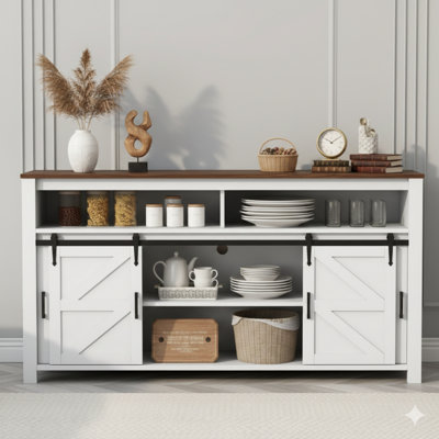 Sideboard Measuring 59.3 Inches, Incorporating Sliding Barn-Style Doors With Mesh Insets, A Farmhouse Buffet Offering Open Storage, Suitable For Placement In The Living Room, Hallway, Balcony, Kitchen, Or Office