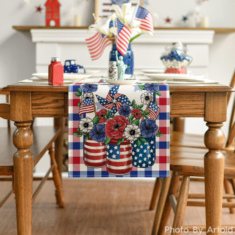 Buffalo Plaid Vases Flowers 4Th Of July Patriotic Memorial Day Table Runner, Independence Day Holiday Kitchen Dining Table Decor For Indoor Outdoor Home Party Decoration 13 X 72 Inch