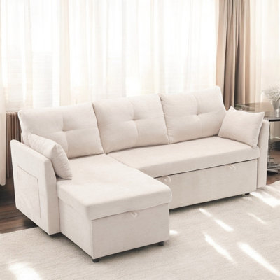 Beige Chenille Multi-functional L-shaped sofa with pull-out bed sectional sofa bed with storage seats chaise longue interchangeable corner sofa