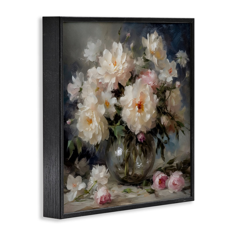 Fleurs romantiques dans un vase rond, estampe numérique, design par LSR Creative Studio, Giclée encadrée noir minuit