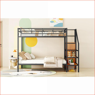 Full Over Full Metal Bunk Bed with Lateral Storage Ladder &amp; Wardrobe, Space-Saving Black for Shared Rooms