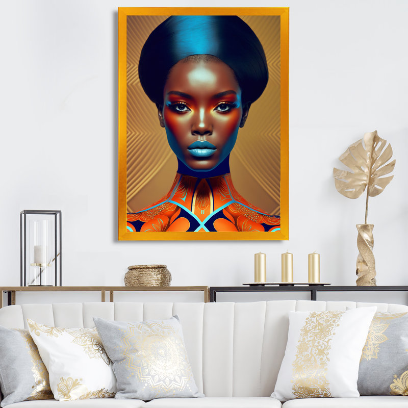 Exquiste «African Woman Design VII», reproduction sur toile, H 44 po x l 34 po x P 1,5 po, Encadrement doré