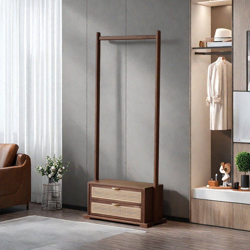 Double - Drawer Black Walnut Coat Rack with Rattan