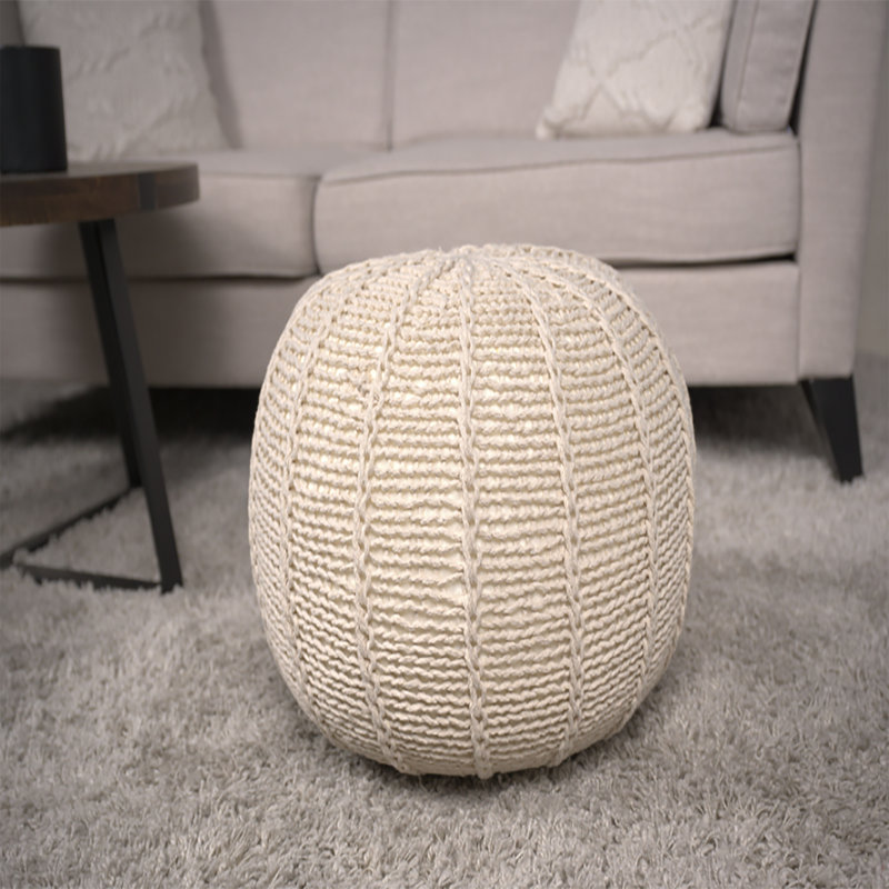 Bordeaux Knitted Cotton Round Pouf, Beige Cotton